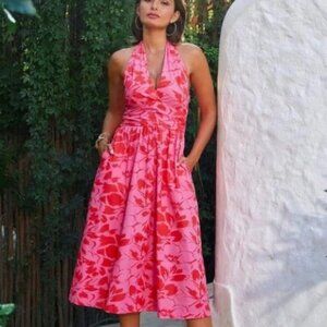 Boston Proper Cabana Floral Halter Fit & Flare Dress Pink Red Sundress Size 4